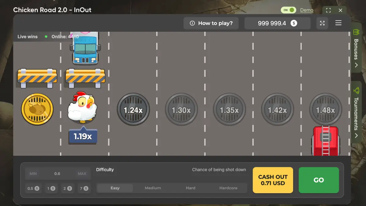Pulsante di incasso e moltiplicatore in tempo reale nella versione mobile di Chicken Road 2