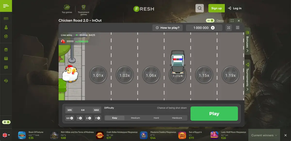 Schermata di Chicken Road 2 con selezione del livello e moltiplicatore attivo