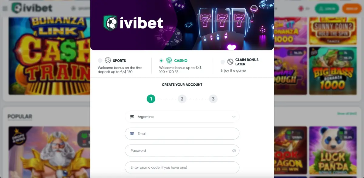 Registration form at Ivibet with welcome bonus and currency selection