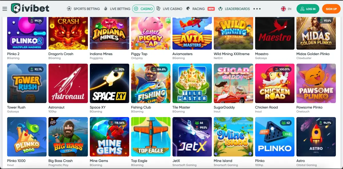 Crash game section at Ivibet with chicken Road and other instant games