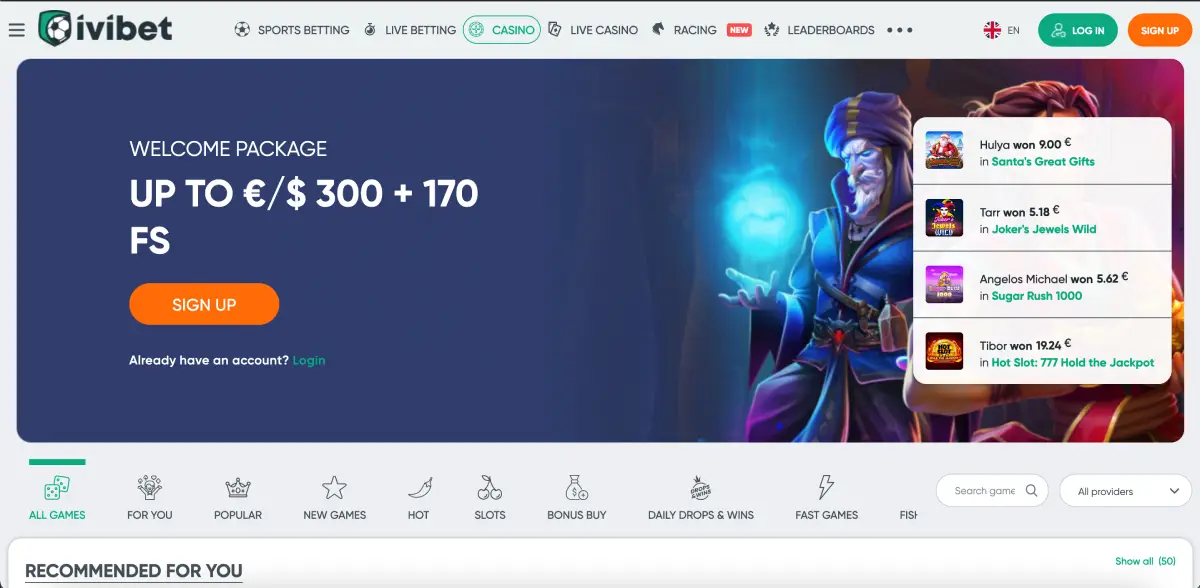 Deposit bonus offer up to €300 and 170 free spins at Ivibet casino