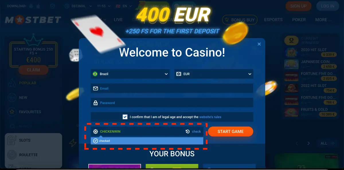 Registrierungsformular auf der Mostbet-Website vor dem Spielstart von Chicken Road