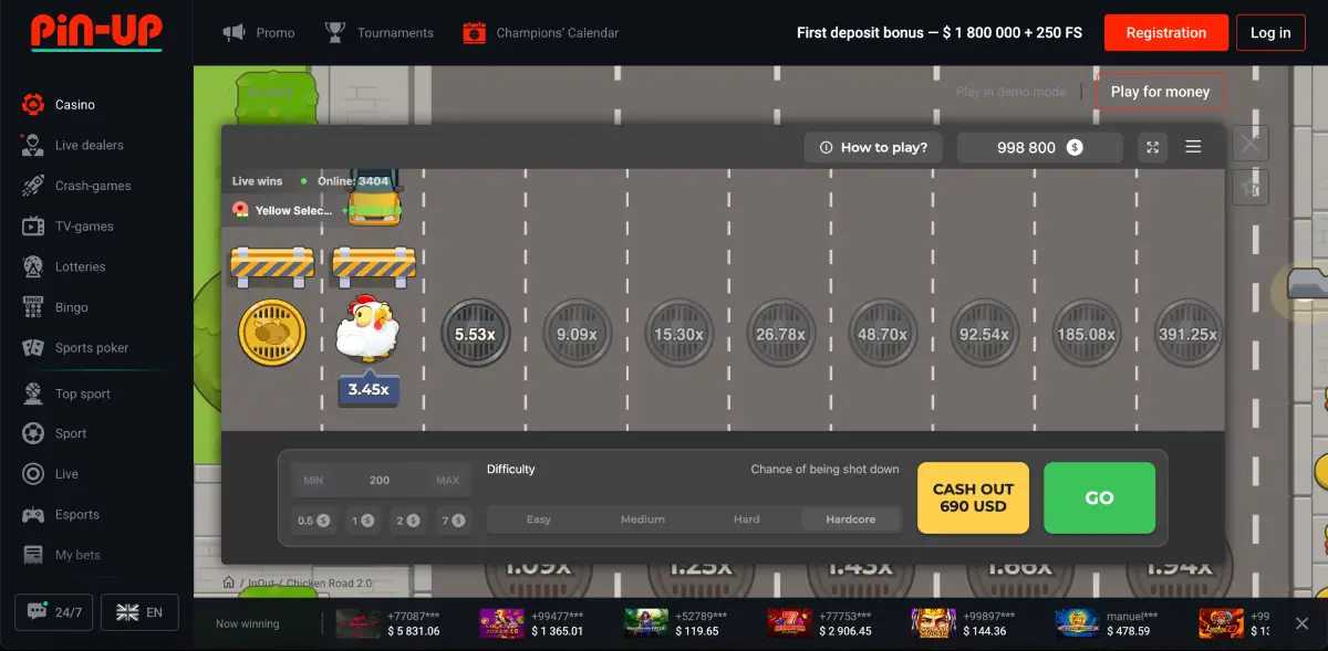 Chicken Road game interface on Pin Up website