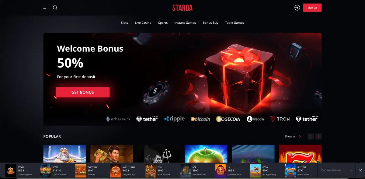 50% welcome bonus promotion on Starda homepage