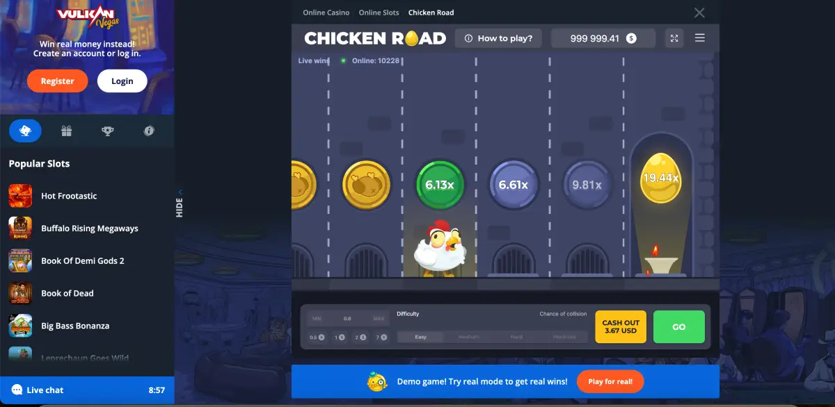 Chicken Road game interface on Vulkan Vegas with chicken running on tiles Chicken Road game interface on Vulkan Vegas with chicken running on tiles